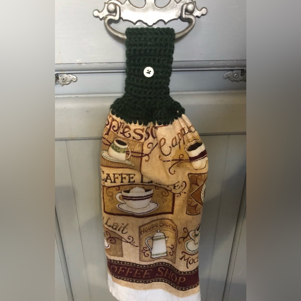 Handcrafted Crocheted Top Hanging Dish Towel “Coffee”